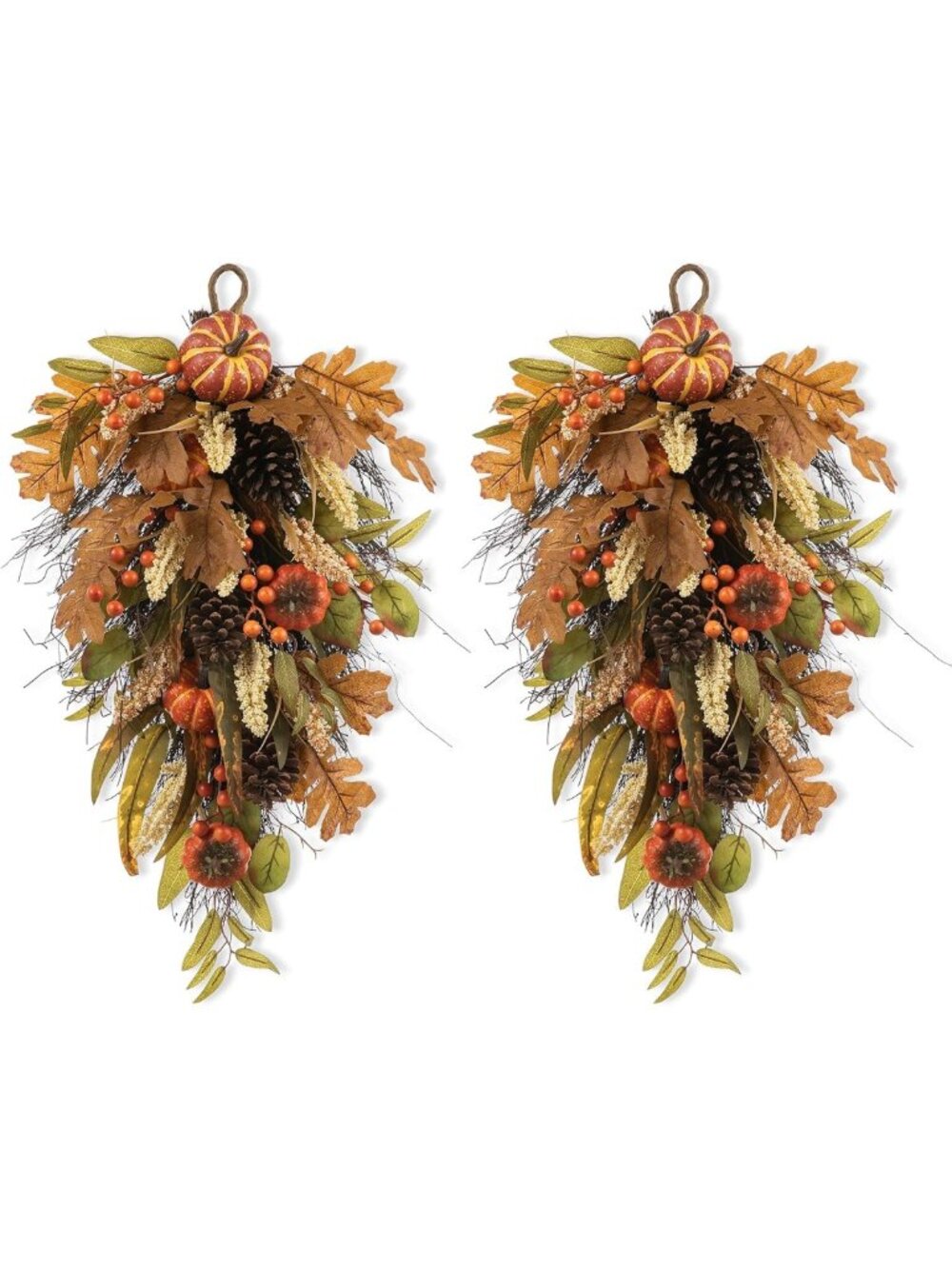 Fall Teardrop Swags - 2 Pcs Artificial Decor with Leaves, Pumpkins & Berries for
